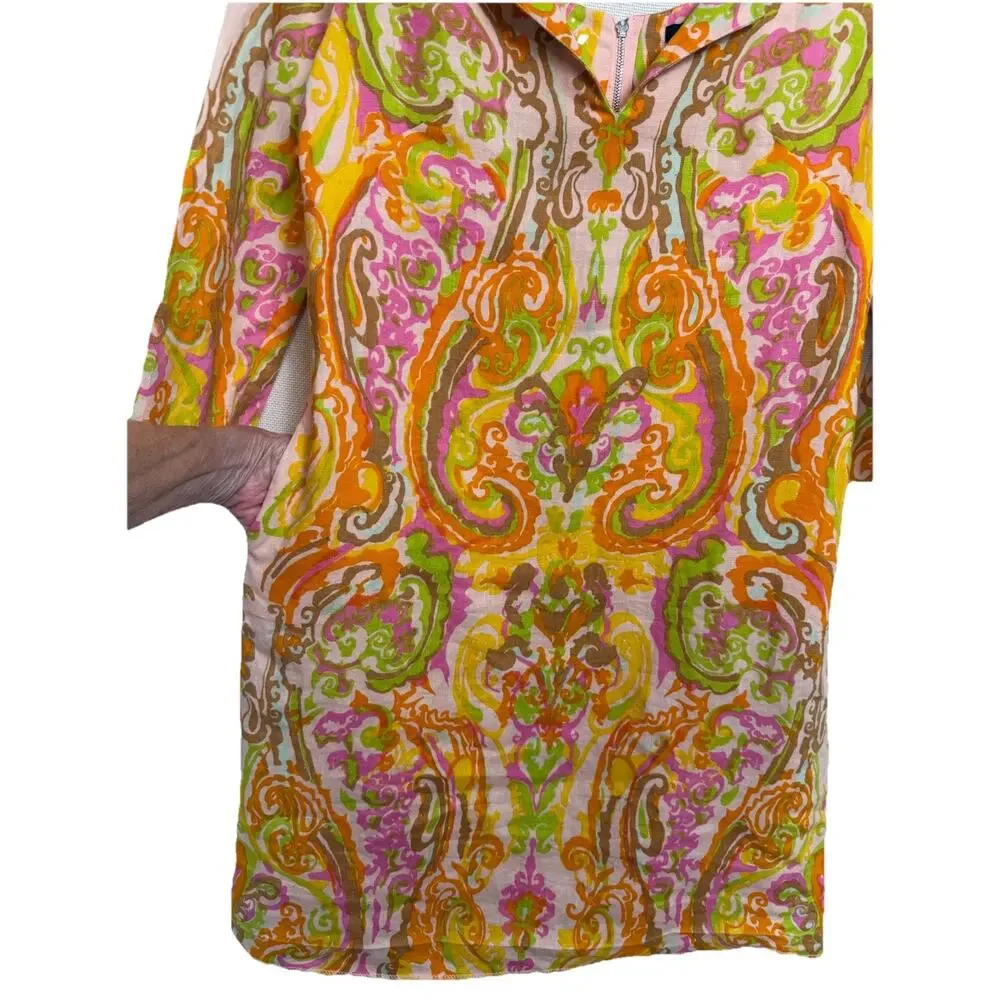 J. Crew Shift Dress Women’s 0 Linen 3/4 Sleeve Mod Paisley‎ Retro Hippie READ